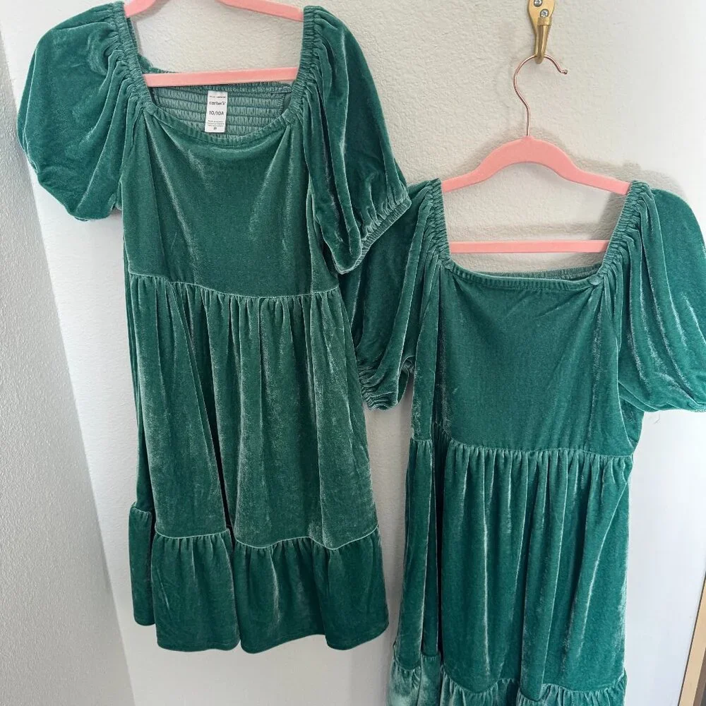 Carter’s Velvet Green Dress Girls Sizes 10 & 12 Puff Sleeves